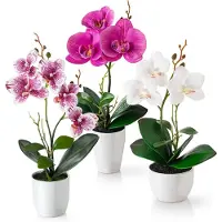 Famanu – Kunstbloemen in pot (35 cm) - set van 3 kunstorchideeën - kunstmatig afgestemde arrangement in hoogglans - keramische potten - decoratieve bloemen - kunstorchideeën (wit - rosé)