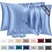 Famanu - Satijnen kussenslopen 50x70 cm blauw set 2, zijdeachtig zacht voor haar en huid, envelopsluiting met 2 haarbandjes