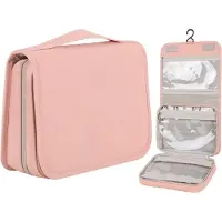 Famanu – Toilettas Om Op Te Hangen - Toilettas - Waterdicht - Make-uptas Voor Op Reis - Make-uptas met 3 compartimenten - Opvouwbaar - Compact Formaat Voor heren - Dames - Kinderen - Meisjes(Roze)