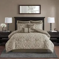Famanu - Jacquard damast dekbedset 8-delig, allseason dons-alternatief – Beige/Bruin