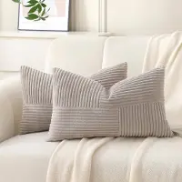 Famanu – Corduroy ribfluweel kussenhoezen set van 2 (30x60 cm) – gestreept patchwork – boho stijl – taupe – rechthoek