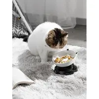 Famanu - Keramische Verhoogde Langzame Voerbak voor Katten en Honden – Gekanteld Ontwerp, Zonder Zwarte Kin, Kattenvorm, voor Droog en Nat Voedsel, Zwart
