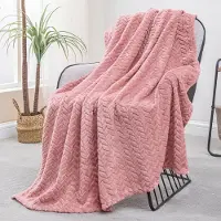 Famanu – Plaid Fleecedeken van flanel - zacht en jacquard - stof - plaid - bankdeken - bedrukt met bladeren - 130 x 170 cm - roze
