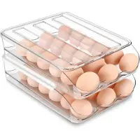 Famanu – 36 eierhouder voor koelkast - 2-laags automatische eierdispenser, eierroller, stapelbare doorzichtige container