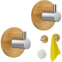 Famanu – Handdoekhaken Van Bamboe en Rvs - 2 Stuks Zelfklevende Haken - Naadloze Handdoekhouder Van Hout - Plakhaken Voor Keuken - Badkamer - Slaapkamer