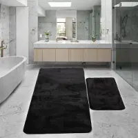 Famanu – Zwarte antislip badmat - set van 2 (50 x 80 cm) + (40 x 50 cm) - pluche badmat - zachte bad - en douchemat - machinewasbaar - sneldrogend - relax