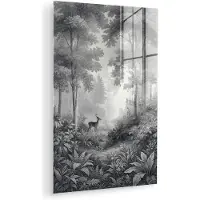 MuchoWow Glasschilderij 40x60 cm - Schilderij acrylglas - Bos - Hert - Zwart - Wit - Foto op glas - Muurdecoratie woonkamer - Wanddecoratie slaapkamer - Schilderijen