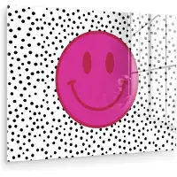 MuchoWow Glasschilderij 80x60 cm - Schilderij acrylglas - Smiley - Roze - Stippen - Foto op glas - Muurdecoratie woonkamer - Wanddecoratie slaapkamer - Schilderijen
