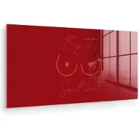 MuchoWow Glasschilderij 80x40 cm - Schilderij acrylglas - Big titties small heart - Rood - Hart - Foto op glas - Muurdecoratie woonkamer - Wanddecoratie slaapkamer - Schilderijen
