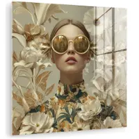 MuchoWow Glasschilderij 20x20 cm - Schilderij acrylglas - Vrouw - Bloemen - Zonnebril - Wit - Foto op glas - Muurdecoratie woonkamer - Wanddecoratie slaapkamer - Schilderijen