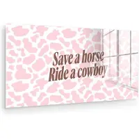 MuchoWow Glasschilderij 120x60 cm - Schilderij acrylglas - Koeienprint - Roze - Cowboy - Horse - Foto op glas - Muurdecoratie woonkamer - Wanddecoratie slaapkamer - Schilderijen