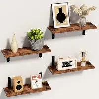 Famanu – Set van 4 rustieke houten zwevende wandplanken met metalen beugels, geschikt voor woonkamer, slaapkamer en kantoor