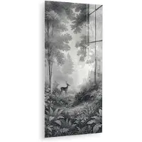 MuchoWow Glasschilderij 60x120 cm - Schilderij acrylglas - Bos - Hert - Zwart - Wit - Foto op glas - Muurdecoratie woonkamer - Wanddecoratie slaapkamer - Schilderijen