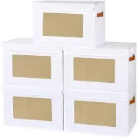 Markenlos Opbergboxen, set van 5 inklapbare stoffenboxen met deksel en transparant venster, wit, 45x30x30