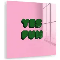 MuchoWow Glasschilderij 90x90 cm - Schilderij acrylglas - Yes fun - Groen - Roze - Foto op glas - Muurdecoratie woonkamer - Wanddecoratie slaapkamer - Schilderijen