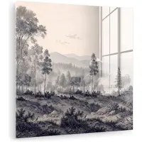 MuchoWow Glasschilderij 90x90 cm - Schilderij acrylglas - Mistig - Berglandschap - Illustratie - Foto op glas - Muurdecoratie woonkamer - Wanddecoratie slaapkamer - Schilderijen