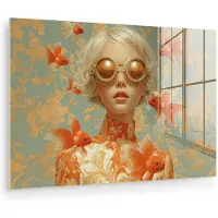 MuchoWow Glasschilderij 150x100 cm - Schilderij acrylglas - Goudvissen - Oranje - Vrouw - Blond - Foto op glas - Muurdecoratie woonkamer - Wanddecoratie slaapkamer - Schilderijen