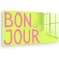 MuchoWow Glasschilderij 80x40 cm - Schilderij acrylglas - Groen - Smiley - Bonjour - Roze - Foto op glas - Muurdecoratie woonkamer - Wanddecoratie slaapkamer - Schilderijen
