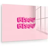MuchoWow Glasschilderij 90x60 cm - Schilderij acrylglas - Bisou - Roze - Dikke letters - Foto op glas - Muurdecoratie woonkamer - Wanddecoratie slaapkamer - Schilderijen