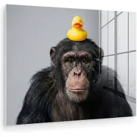 MuchoWow Glasschilderij 120x90 cm - Schilderij acrylglas - Chimpansee - Badeend - Grijs - Foto op glas - Muurdecoratie woonkamer - Wanddecoratie slaapkamer - Schilderijen