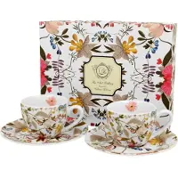 DUO sp. z o.o. Set van 2 Witte Espresso Kopjes met Schotel, Botanisch Design