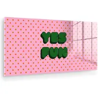MuchoWow Glasschilderij 120x60 cm - Schilderij acrylglas - Yes fun - Groen - Roze - Stippen - Foto op glas - Muurdecoratie woonkamer - Wanddecoratie slaapkamer - Schilderijen