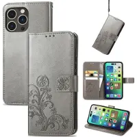 Mobigear Telefoonhoesje geschikt voor Apple iPhone 15 Pro Hoesje | Clover Bookcase Portemonnee | Pasjeshouder voor 3 Pasjes | Telefoonhoesje voor Pinpas / OV Kaart / Rijbewijs - Grijs