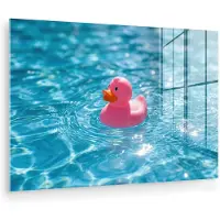 MuchoWow Glasschilderij 180x120 cm - Schilderij acrylglas - Badeend - Dobberend - Roze - Foto op glas - Muurdecoratie woonkamer - Wanddecoratie slaapkamer - Schilderijen