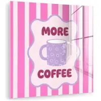 MuchoWow Glasschilderij 20x20 cm - Schilderij acrylglas - More coffee - Roze - Paars - Strepen - Mok - Foto op glas - Muurdecoratie woonkamer - Wanddecoratie slaapkamer - Schilderijen