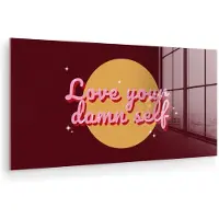 MuchoWow Glasschilderij 160x80 cm - Schilderij acrylglas - love your damn self - Cirkel - Glitter - Rood - Foto op glas - Muurdecoratie woonkamer - Wanddecoratie slaapkamer - Schilderijen
