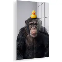 MuchoWow Glasschilderij 120x180 cm - Schilderij acrylglas - Chimpansee - Badeend - Grijs - Foto op glas - Muurdecoratie woonkamer - Wanddecoratie slaapkamer - Schilderijen