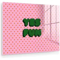 MuchoWow Glasschilderij 160x120 cm - Schilderij acrylglas - Yes fun - Groen - Roze - Stippen - Foto op glas - Muurdecoratie woonkamer - Wanddecoratie slaapkamer - Schilderijen