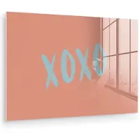 MuchoWow Glasschilderij 180x120 cm - Schilderij acrylglas - XOXO - Blauw - Perzikkleur - Foto op glas - Muurdecoratie woonkamer - Wanddecoratie slaapkamer - Schilderijen