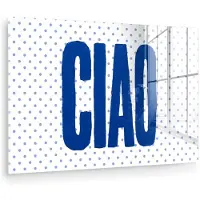 MuchoWow Glasschilderij 90x60 cm - Schilderij acrylglas - Ciao - Blauw - Stippen - Foto op glas - Muurdecoratie woonkamer - Wanddecoratie slaapkamer - Schilderijen