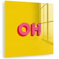 MuchoWow Glasschilderij 50x50 cm - Schilderij acrylglas - Geel - Roze - Oh - 3D - Foto op glas - Muurdecoratie woonkamer - Wanddecoratie slaapkamer - Schilderijen
