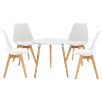 CLP Essgroep Lansgar I, set bestaande uit 4 stoelen Linares en 1 tafel Ansgar I. Ronde tafelblad, diameter 80 cm. Moderne eethoek, wit