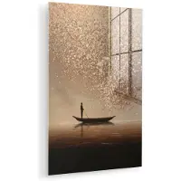 MuchoWow Glasschilderij 120x180 cm - Schilderij acrylglas - Bootje - Blaadjes - Goud - Water - Foto op glas - Muurdecoratie woonkamer - Wanddecoratie slaapkamer - Schilderijen