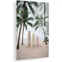 MuchoWow Glasschilderij 100x150 cm - Schilderij acrylglas - Surfboard - Palmbomen - Kleurrijk - Foto op glas - Muurdecoratie woonkamer - Wanddecoratie slaapkamer - Schilderijen