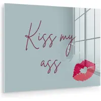 MuchoWow Glasschilderij 120x90 cm - Schilderij acrylglas - Kiss my ass - Lip - Blauw - Foto op glas - Muurdecoratie woonkamer - Wanddecoratie slaapkamer - Schilderijen