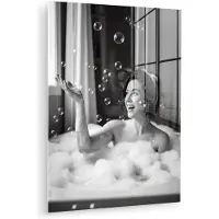 MuchoWow Glasschilderij 120x160 cm - Schilderij acrylglas - Bad - Bubbels - Zwart - Wit - Foto op glas - Muurdecoratie woonkamer - Wanddecoratie slaapkamer - Schilderijen
