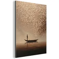 MuchoWow Aluminium schilderij 90x120 cm - Wanddecoratie metaal - Bootje - Blaadjes - Goud - Water - Metalen muurdecoratie woonkamer - Decoratie industrieel - Foto op dibond - Industriële accessoires slaapkamer