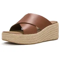 Original Brands Women Platfforms Espadrille Leather Wedge Cross Slides Deep Tan-Schoenmaat 39