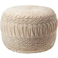 Homescapes Sofia – poef van gevlochten en geplooid fluweel – crèmewit, 50x35 cm