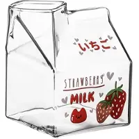 Wella 350ML Kawaii Vierkante Melkpak Glazen Beker Hittebestendig Schattig Aardbei Perzik Ontbijtbeker Puddingbeker Melkflessen, A