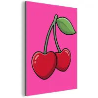 MuchoWow Aluminium schilderij 60x80 cm - Wanddecoratie metaal - Kers - Roze - Fruit - Metalen muurdecoratie woonkamer - Decoratie industrieel - Foto op dibond - Industriële accessoires slaapkamer