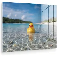 MuchoWow Glasschilderij 160x120 cm - Schilderij acrylglas - Tropisch - Badeend - geel - Foto op glas - Muurdecoratie woonkamer - Wanddecoratie slaapkamer - Schilderijen