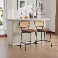 MODFU - Barkruk - Rugleuning Met Rotanlook - Armloos - Modern - Voor Keuken Of Bar - PU En Metaal - Bruin