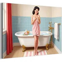 MuchoWow Aluminium schilderij 180x120 cm - Wanddecoratie metaal - Badkamer - Vrouw - Roze - Metalen muurdecoratie woonkamer - Decoratie industrieel - Foto op dibond - Industriële accessoires slaapkamer