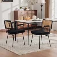 OKWISH Eetkamerstoel – Set Van 2 Met Armleuningen En Rattanlook – Chenille – Modern – Zwart – Voor Eethoek Of Werkplek