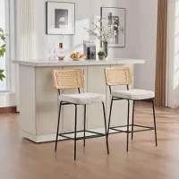 MODFU - Barkrukken - Armloos - Rotanlook Rugleuning - Modern - Voor Keuken En Bar - Chenille - Ivoor - Set Van 2